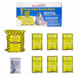 3-day survival kit with food, water, and blanket.