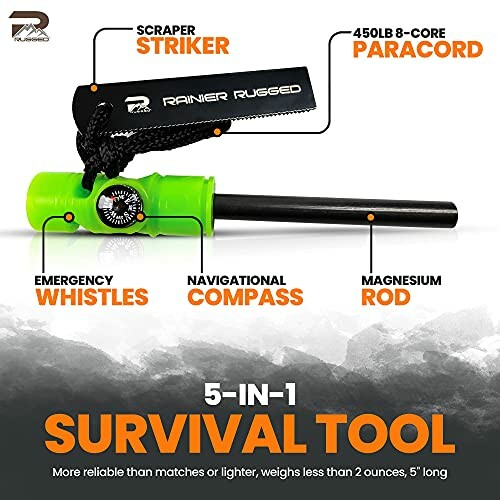 Survival tool with striker, paracord, whistle, compass, and magnesium rod.
