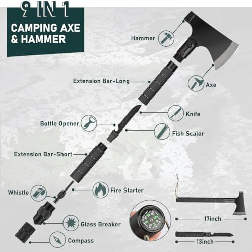 Camping tool with axe, hammer, knife, and more features.