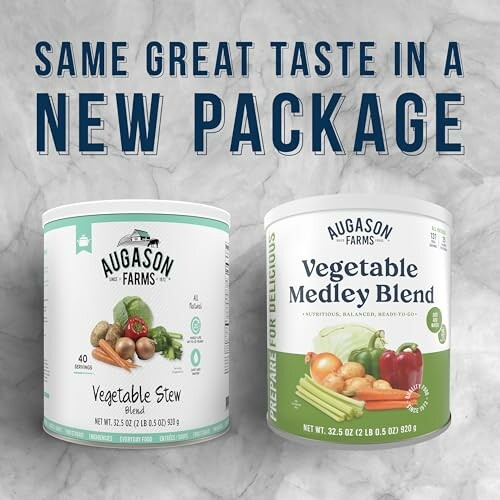 Augason Farms vegetable stew and medley blends in new packaging.