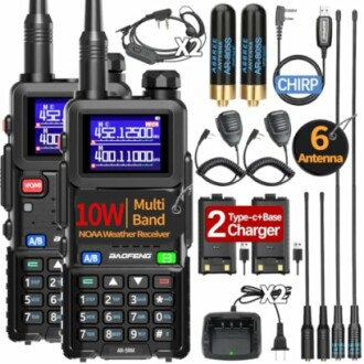 Baofeng multi-band radios with accessories including antennas, chargers, microphones, and earpieces.