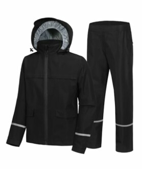 Black waterproof jacket and pants set with reflective strips.