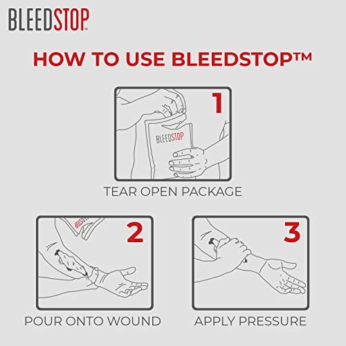 Instructions for using BleedStop: Tear open package, pour onto wound, apply pressure.