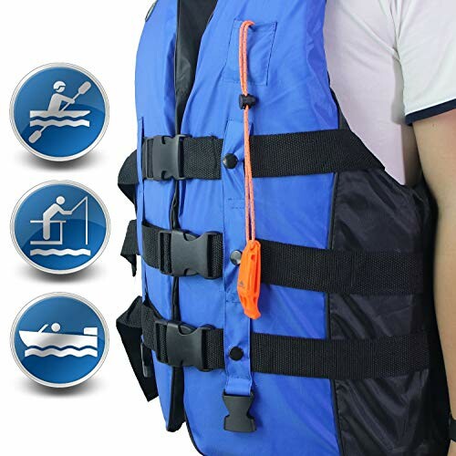 Person wearing a blue life jacket with boating, fishing, and kayaking icons.