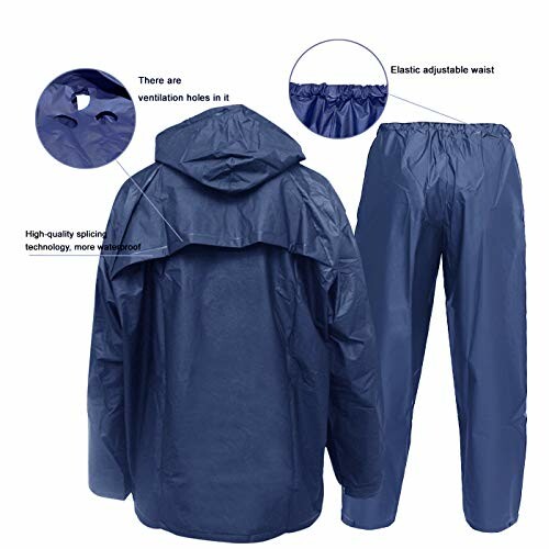Blue rain suit with jacket and pants, ventilation holes, elastic waist.
