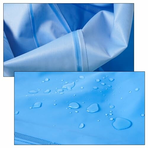 Close-up of blue waterproof fabric with water droplets.