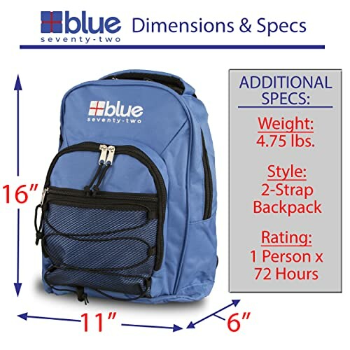 Blue seventy-two backpack showing dimensions and specs