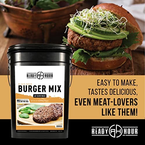 Burger mix container next to a veggie burger.