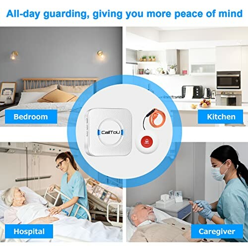 CallToU emergency alert system for bedroom, kitchen, hospital, and caregiver use.