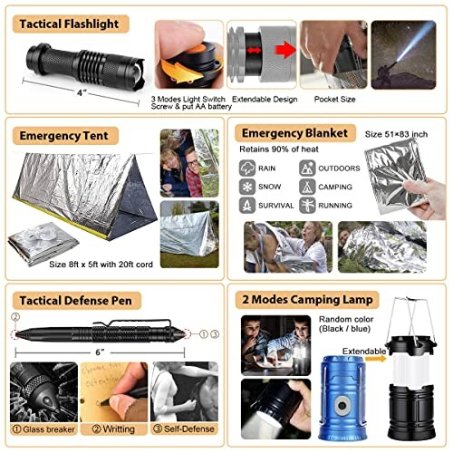 Collage of tactical flashlight, emergency tent, emergency blanket, defense pen, and camping lamp.