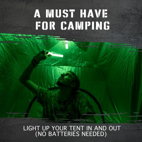 Person using a light inside a tent, captioned 'A Must Have for Camping'.