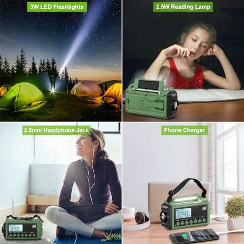Collage of camping gear showing LED flashlights, reading lamp, headphone jack, and phone charger.