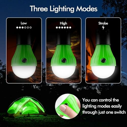 Camping lantern with three lighting modes: low, high, strobe.