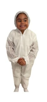 Child wearing a white protective suit with hood.
