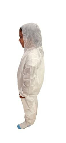 Child wearing a white protective suit with hood
