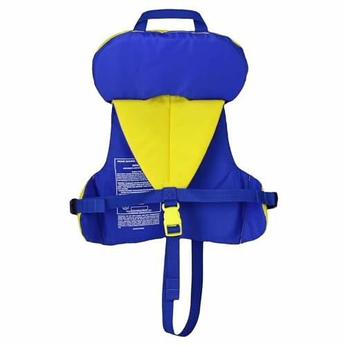 Blue and yellow child life jacket with straps.