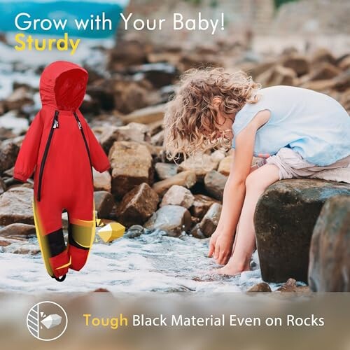 Child playing by a stream with a sturdy red baby suit displayed.