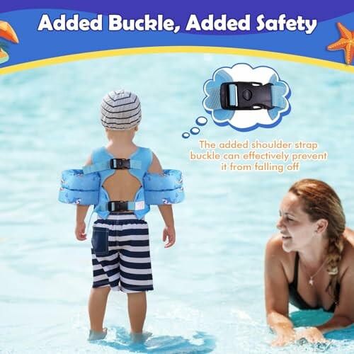 Child wearing a swim vest with added buckle for safety in a pool.