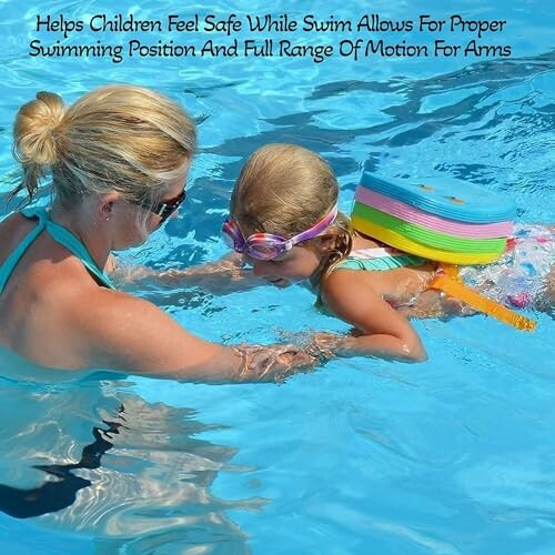 Woman helping child swim with flotation device in a pool.