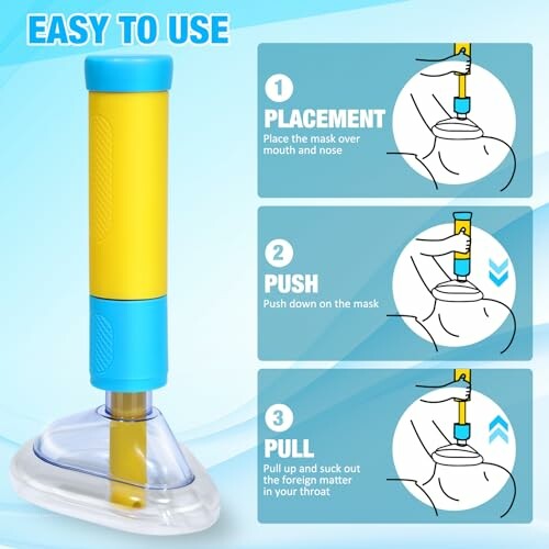 Instructions for using a choking first aid device with three steps: placement, push, and pull.