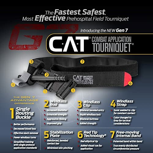 Image showing the Combat Application Tourniquet Gen 7 with labeled features.