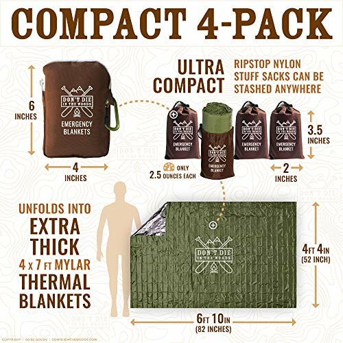 Compact 4-pack of emergency blankets with dimensions and features.