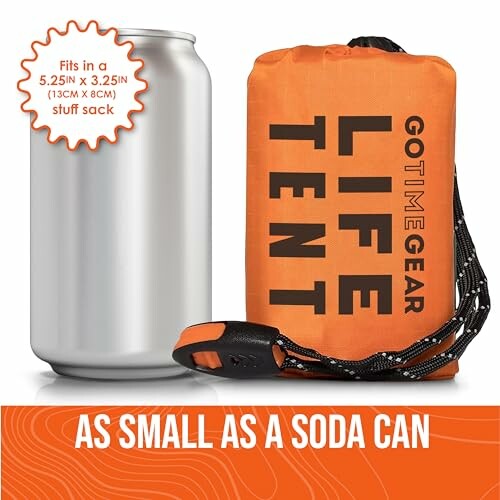 Compact emergency tent comparison with soda can.
