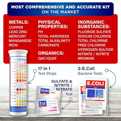 Comprehensive water test kit with strips for metals, physical properties, and inorganic substances.