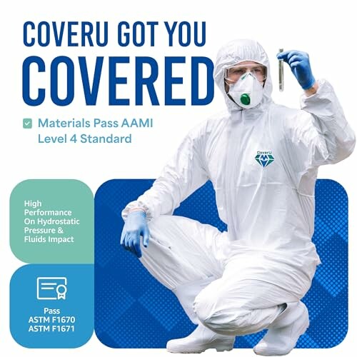 Person in protective suit holding a vial, promoting CoverU Level 4 AAMI standard.