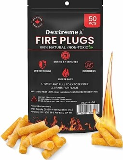 Dextreme Fire Plugs packaging with fire starter sticks and features listed.