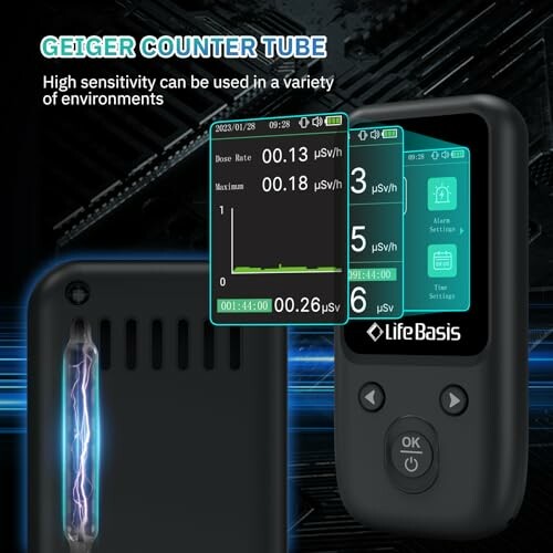Digital Geiger counter with display showing radiation levels.