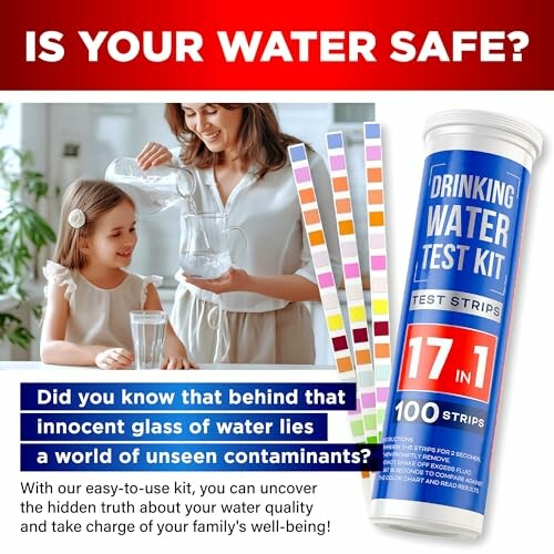 Woman pouring water for child with drinking water test kit and strips.