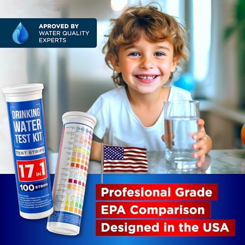 Child holding glass next to drinking water test kit.