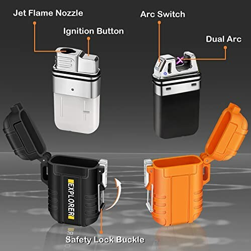 Diagram showing features of a dual arc lighter including jet flame nozzle, ignition button, arc switch, dual arc, and safety lock buckle.