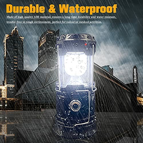 LED lantern in the rain with skyscrapers in the background, showcasing its durability and waterproof features.