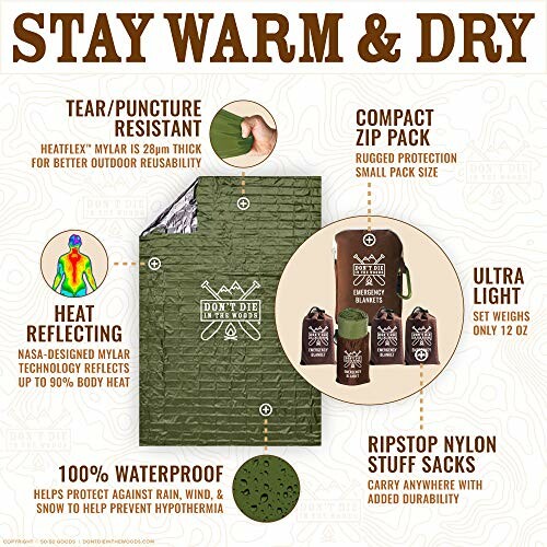 Infographic highlighting features of an emergency blanket, including tear resistance, compact size, heat reflection, waterproofing, ultra-light weight, and ripstop nylon sack.