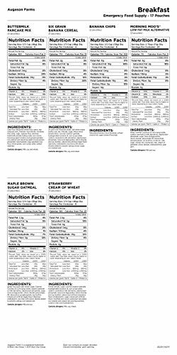 Nutrition facts and ingredients for emergency breakfast foods including pancake mix, cereal, banana chips, and oatmeal.