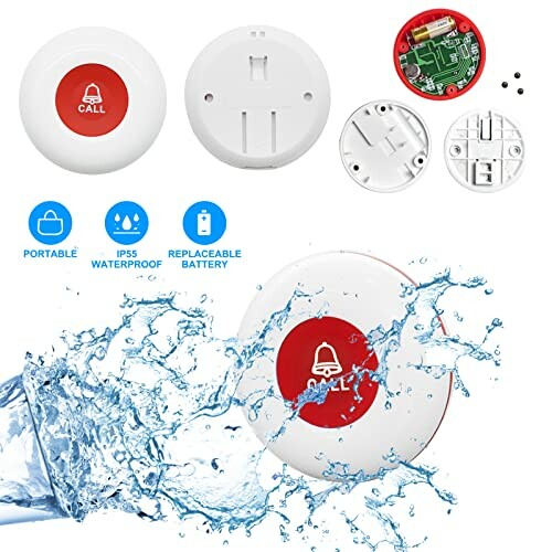 Emergency call button with waterproof feature and replaceable battery.
