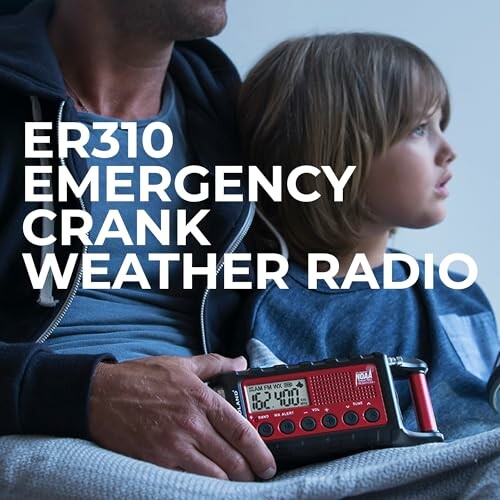 Person holding ER310 emergency crank weather radio with child.