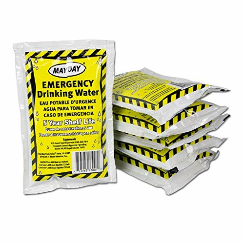 Stacks of Mayday emergency drinking water packs with five-year shelf life.