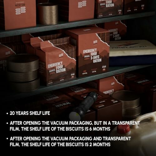 Emergency food rations on shelves with instructions and storage details.