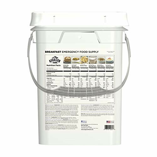 Bucket labeled 'Breakfast Emergency Food Supply' with nutritional information.