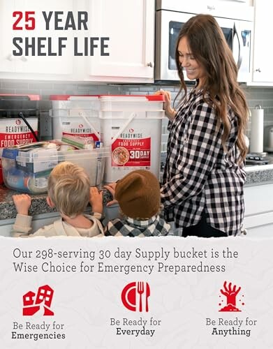 Woman and children with emergency food supply buckets in kitchen.