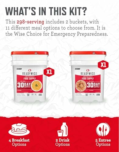 Emergency food supply kit with two buckets and meal options.