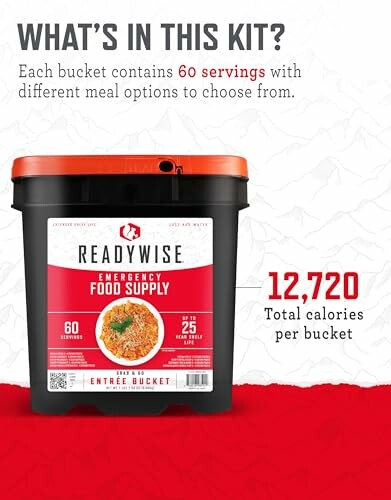 ReadyWise emergency food supply bucket with 60 servings and 12,720 total calories.