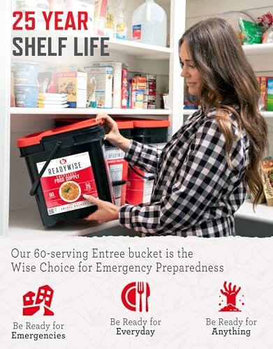 Woman storing emergency food supply buckets with a 25-year shelf life.