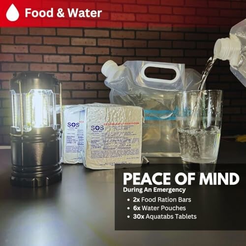 Emergency food and water supplies with lantern and water being poured.