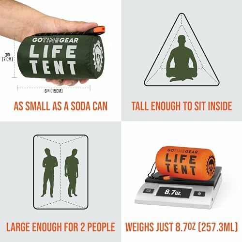 Emergency life tent showing size compared to a soda can, space for two people, and weight of 8.7oz.