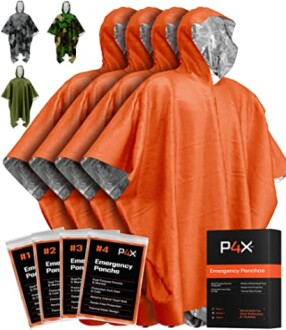 Set of orange emergency ponchos with hoods and packaging.