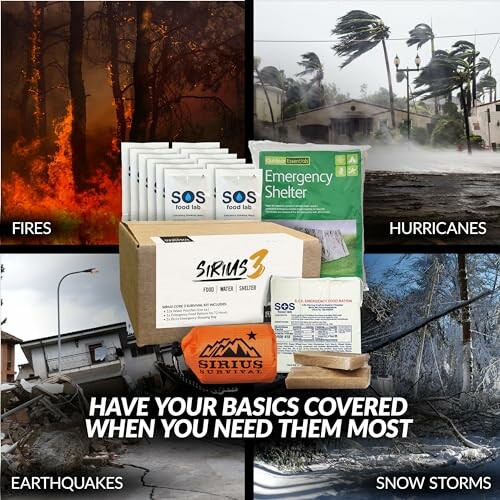 Emergency preparedness kit with supplies for fires, hurricanes, earthquakes, and snow storms.